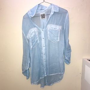 Sheer light blue button down top